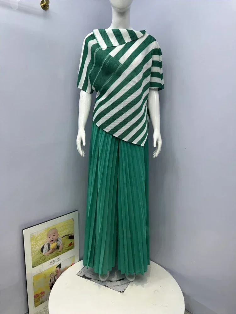 YUDX Miyake Pleated 2 Piece Set Women Contrast Color Irregular Belt Tops + Long Pants Elegant 2024 New Clothing - Image 2