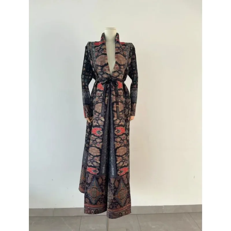 YUDX Miyake Pleated Collar Long Sleeved Retro Printed Dress Belt Women Dubai Designer Original Fashion Loose Coat 2024 SpringNew - Image 3