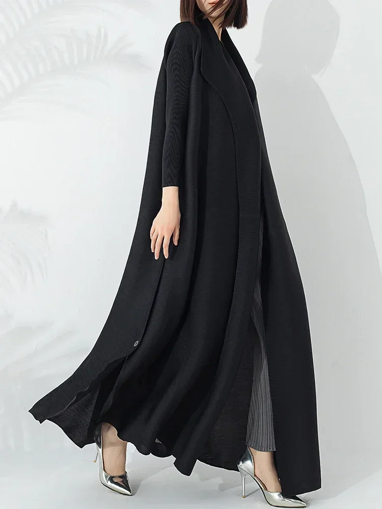 YUDX Miyake Pleated 2024 Summer New Temperament Fashion Long Trench Coat Long Sleeve Lapel Waist Strap Elastic Outer Robe