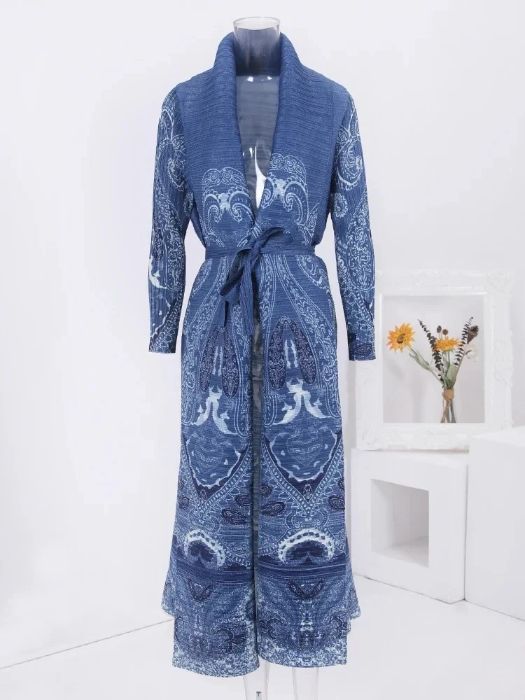 YUDX Miyake Pleated Collar Long Sleeved Retro Printed Dress Belt Women Dubai Designer Original Fashion Loose Coat 2024 SpringNew - Image 5