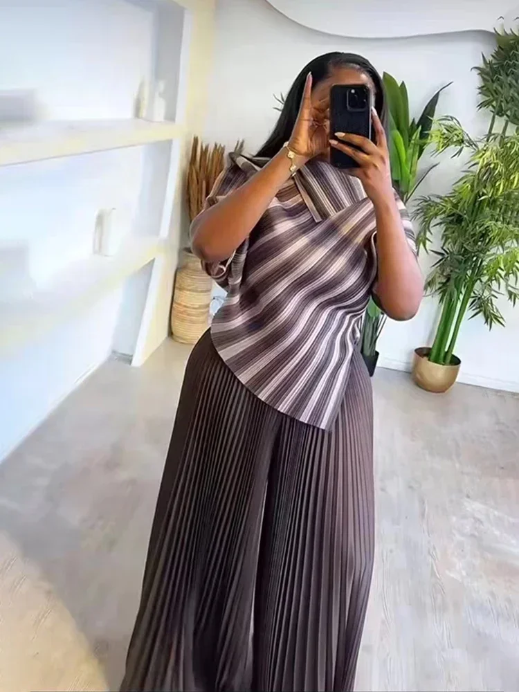 YUDX Miyake Pleated 2 Piece Set Women Contrast Color Irregular Belt Tops + Long Pants Elegant 2024 New Clothing - Image 3