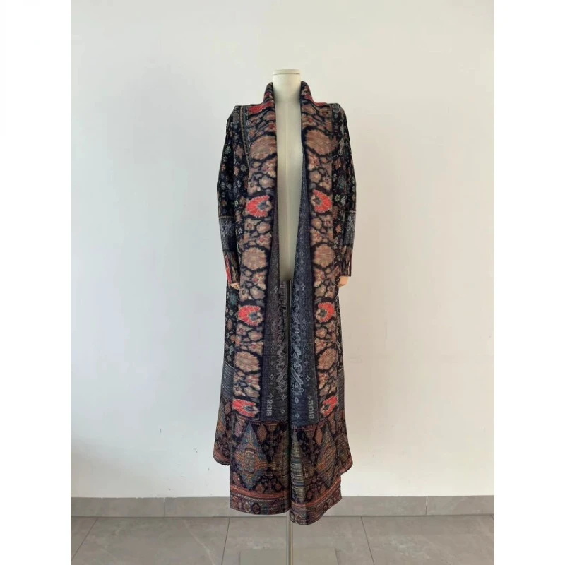 YUDX Miyake Pleated Collar Long Sleeved Retro Printed Dress Belt Women Dubai Designer Original Fashion Loose Coat 2024 SpringNew - Image 2