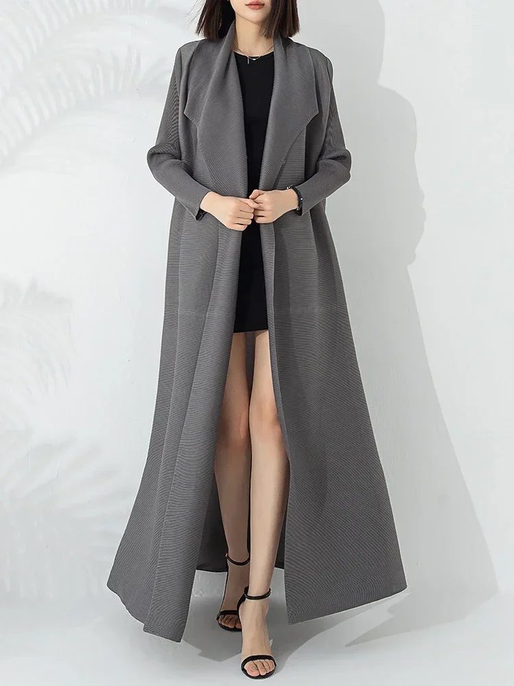 YUDX Miyake Pleated 2024 Summer New Temperament Fashion Long Trench Coat Long Sleeve Lapel Waist Strap Elastic Outer Robe - Image 5