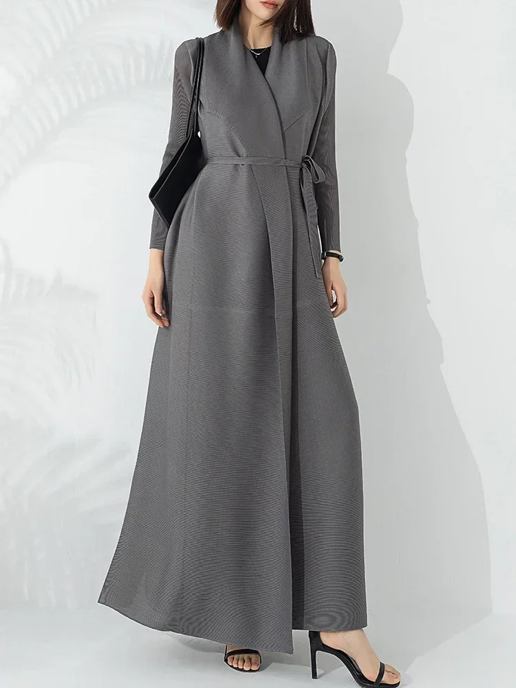 YUDX Miyake Pleated 2024 Summer New Temperament Fashion Long Trench Coat Long Sleeve Lapel Waist Strap Elastic Outer Robe - Image 6