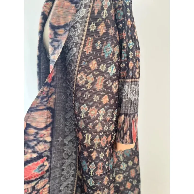 YUDX Miyake Pleated Collar Long Sleeved Retro Printed Dress Belt Women Dubai Designer Original Fashion Loose Coat 2024 SpringNew - Image 6