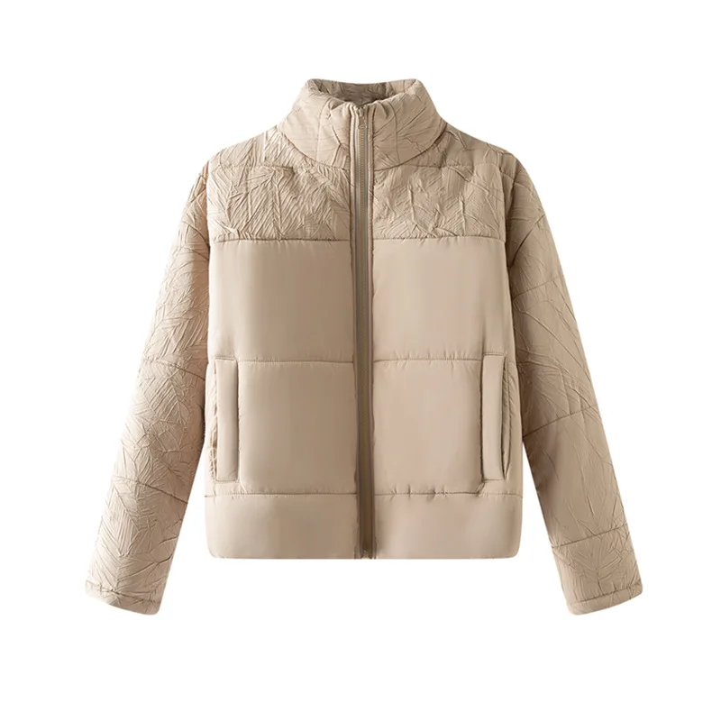 YUDX Solid Women's Cotton Stand-up Collar Long-sleeved Design Zipper Hundred Slim Thickened Jacket Pleated Top 2025 Winter New - Image 3