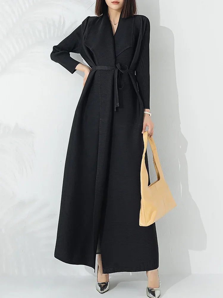 YUDX Miyake Pleated 2024 Summer New Temperament Fashion Long Trench Coat Long Sleeve Lapel Waist Strap Elastic Outer Robe - Image 3