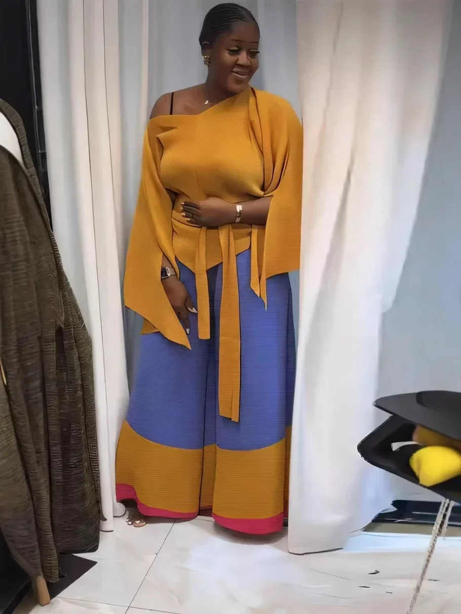 YUDX Miyake Fold Suit Spliced Top + Wide-leg Straight Pants Two-piece Set 2024 Autumn Winter New - Image 4